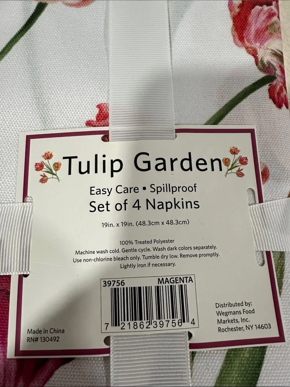 Wegmans Tulip Garden White Magenta Pink Green Set of 8 Polyester Napkins